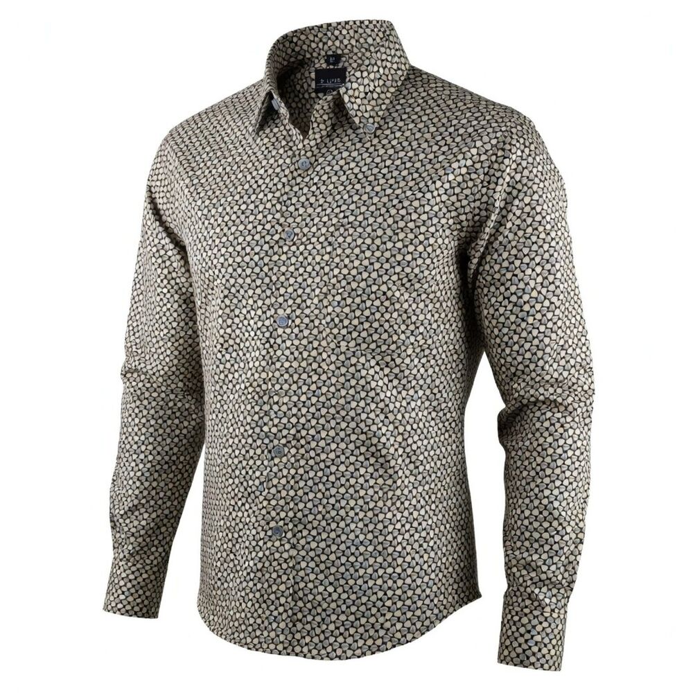 e-LUXE Beige Button-Down Collar Dress Shirt Men’s XL Geometric Polygon Evergreen